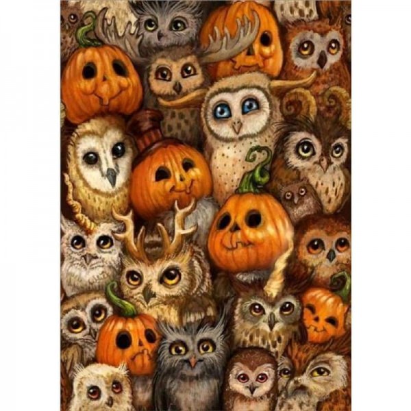 Volledige Boor - 5D DIY Diamant Schilderij Kits Cartoon Halloween Pompoen Uil