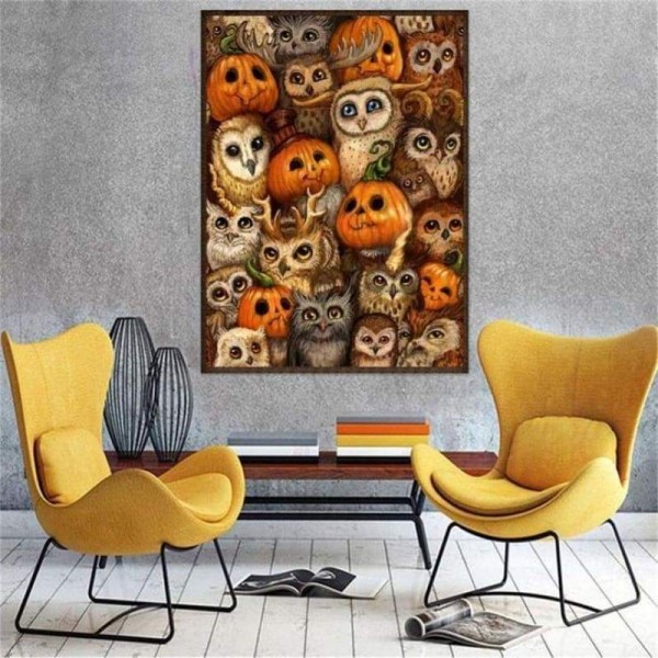 Volledige Boor - 5D DIY Diamant Schilderij Kits Cartoon Halloween Pompoen Uil