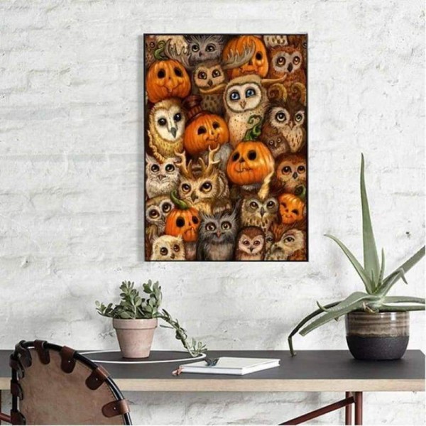 Volledige Boor - 5D DIY Diamant Schilderij Kits Cartoon Halloween Pompoen Uil