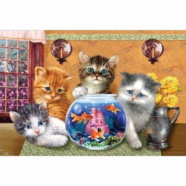 Kittens met vissenkom - Volledige boor Diamond Painting -