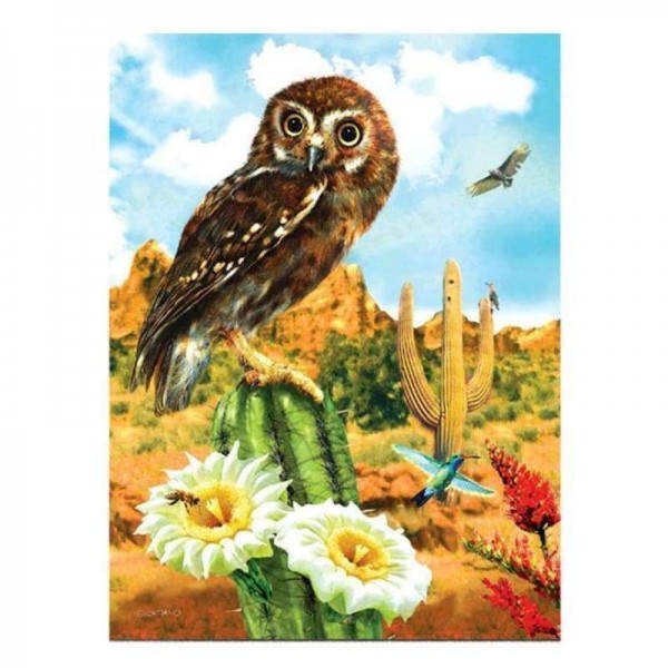 Volledige boor - 5D DIY Diamond Painting Kits Cartoon mooie uil staat op de cactus