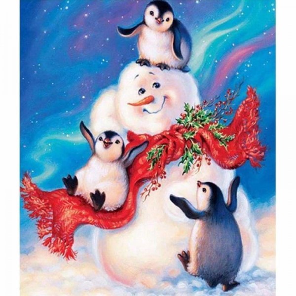Pinguïns bij een sneeuwpop