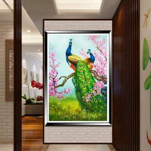 Volledige boor - 5D DIY Diamond Painting Kits Cartoon roze en groene pauwen minnaar