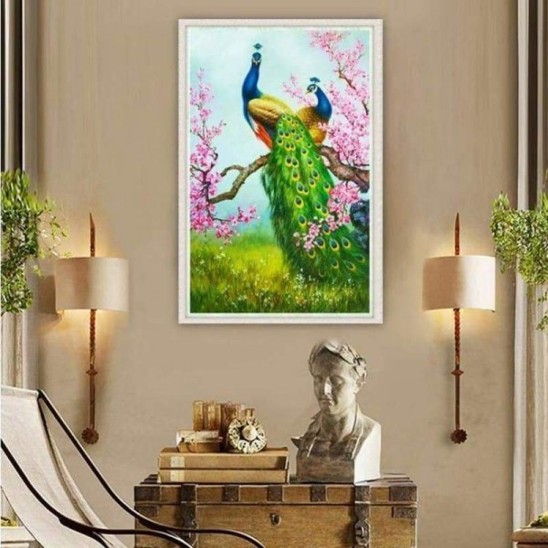 Volledige boor - 5D DIY Diamond Painting Kits Cartoon roze en groene pauwen minnaar