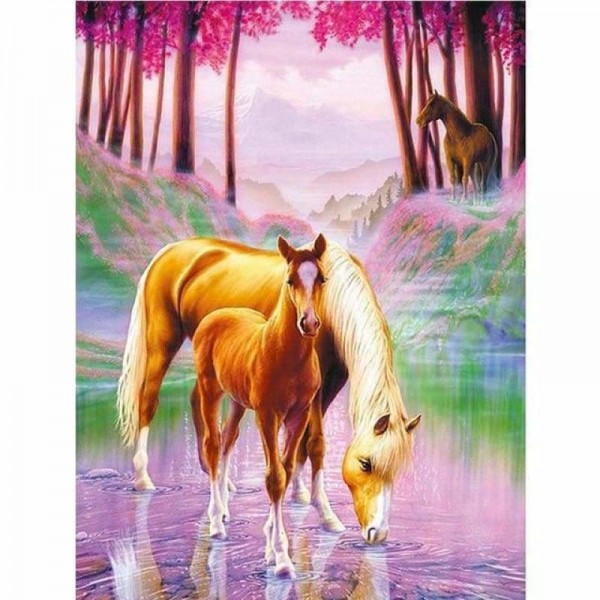 Paarden familie in kleurrijk landschap
