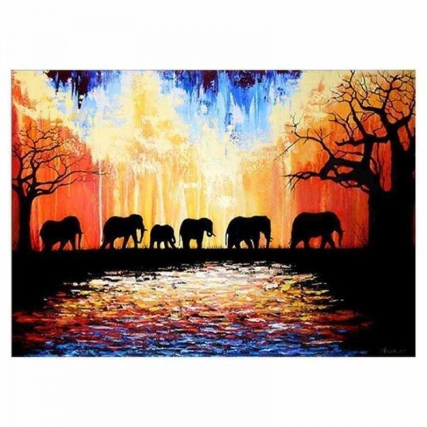 Volledige boor - 5D DIY Diamond Painting Kits Cartoon Beautiful Sunset Elephants Family