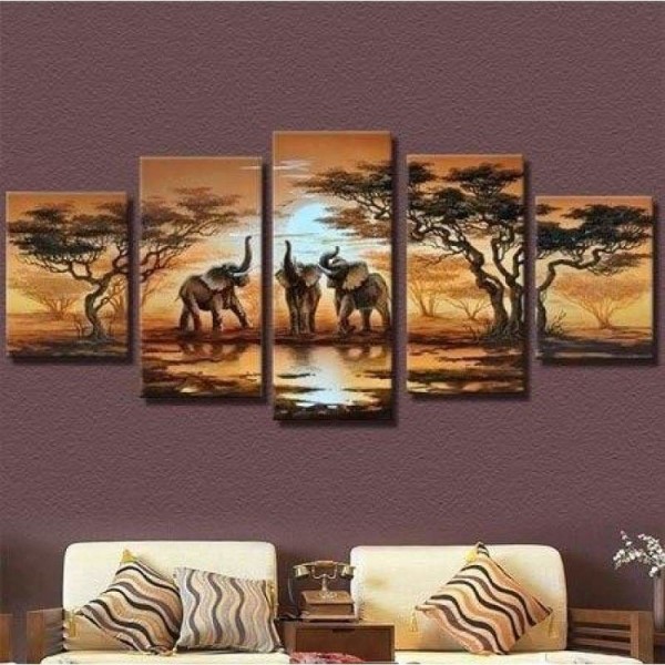 Volledige boor - 5D DIY Diamond Painting Kits 5st Multi-foto's Zonsondergang olifanten