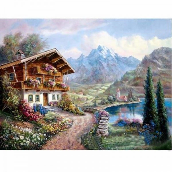 Houten huisje in de bergen