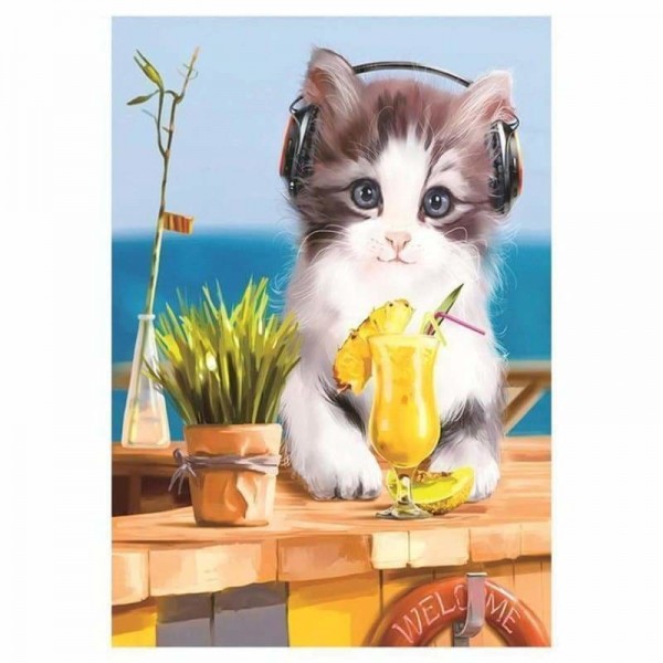 Volledige boor - 5D Diamond Painting Kits Luister muziek Cute Cat
