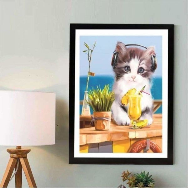 Volledige boor - 5D Diamond Painting Kits Luister muziek Cute Cat
