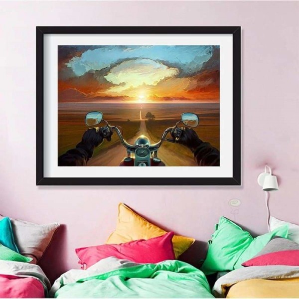 Schilderij motor rijden op een oneindige weg