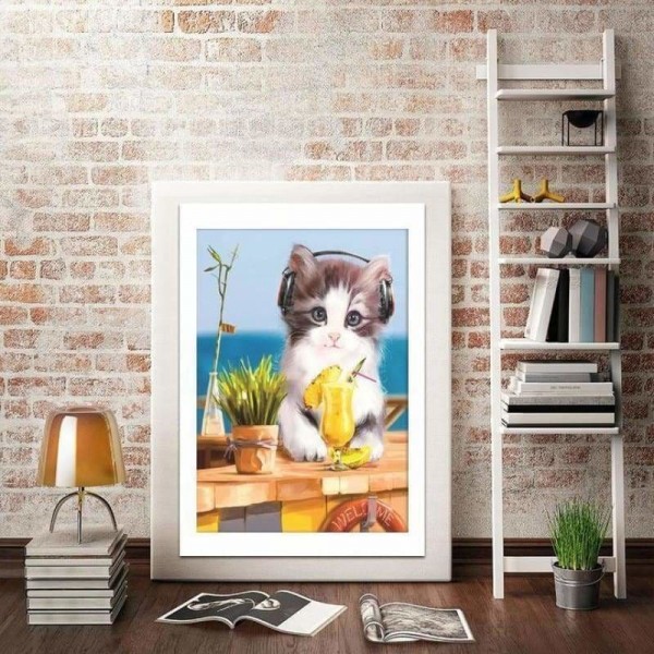 Volledige boor - 5D Diamond Painting Kits Luister muziek Cute Cat