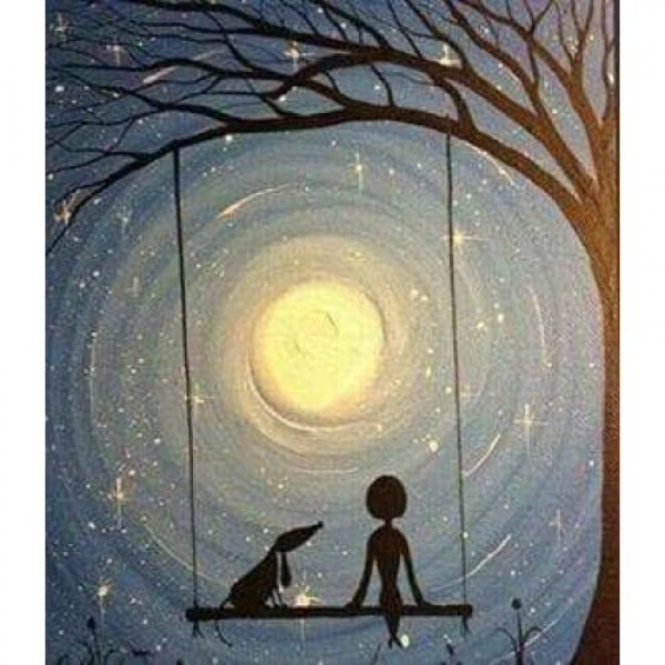 Meisje en hond in het maanlicht