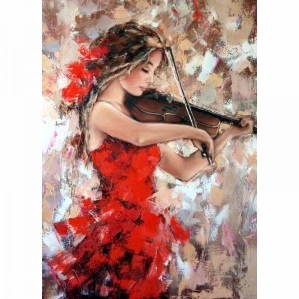 Vrouw in rood die viool speelt
