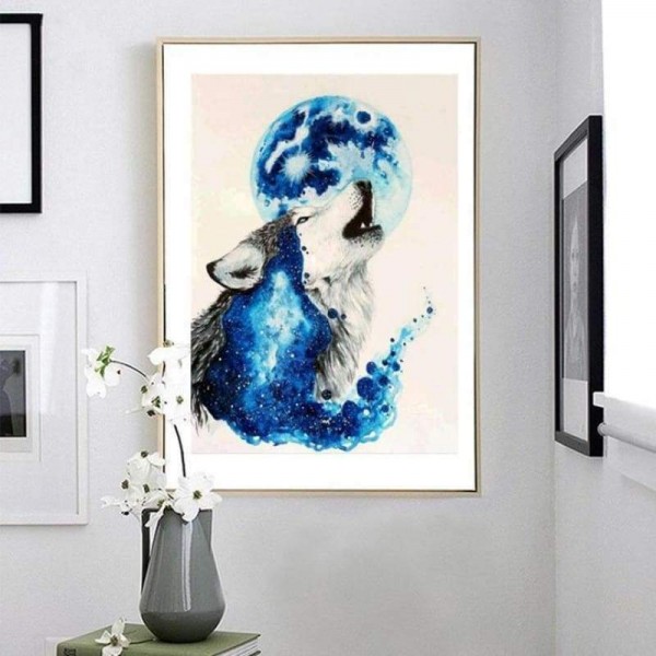 Volledige boor - 5D Diamond Painting Kits Aquarel Wolf Volle maan QB6620