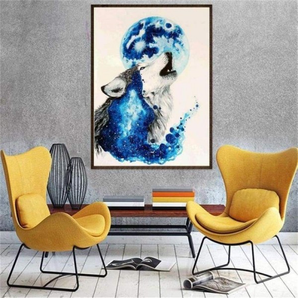 Volledige boor - 5D Diamond Painting Kits Aquarel Wolf Volle maan QB6620