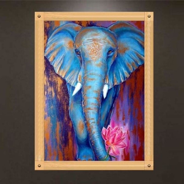 Volledige boor - 5D DIY Diamond Painting Kits Cartoon aquarel blauwe olifant Lotus