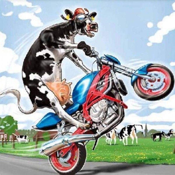 Volledige boor - 5D DIY Diamond Painting Kits Cartoon Funny Cow Driving Motorcycle