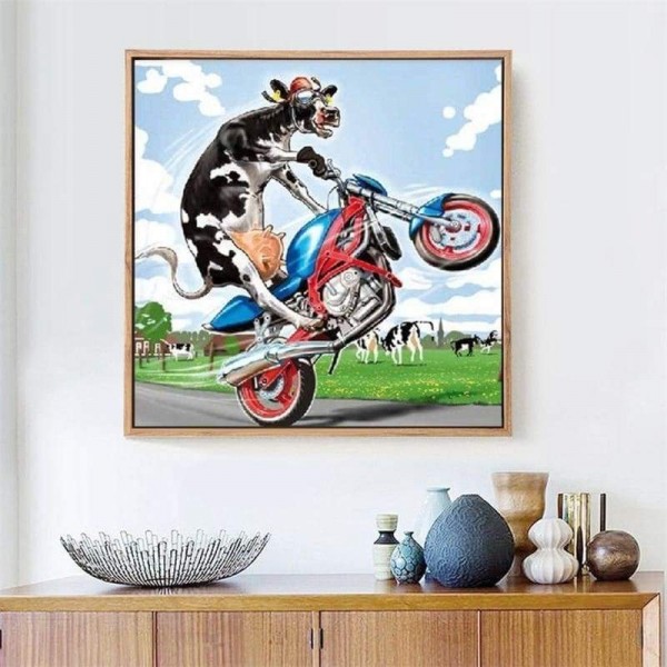 Volledige boor - 5D DIY Diamond Painting Kits Cartoon Funny Cow Driving Motorcycle