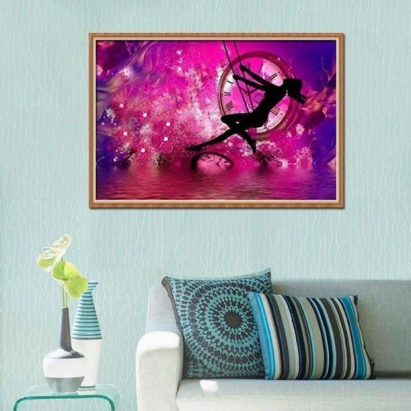 Volledige boor - 5D DIY Diamond Painting Kits Fantasy Pink Clock Girl SwIng