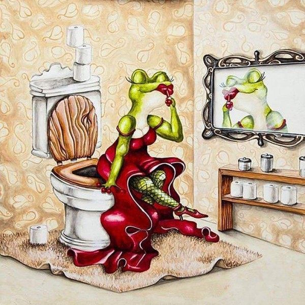 Volledige Boor - 5D DIY Diamant Schilderij Kits Cartoon Grappige Elegante Rode Jurk Kikker Toilet