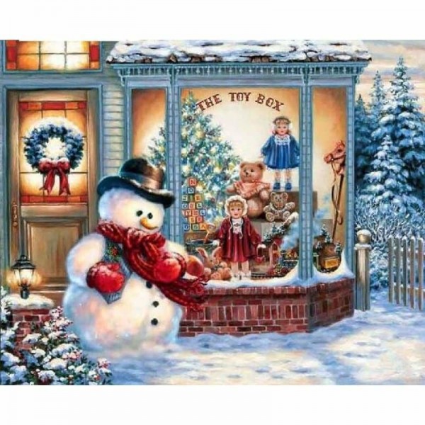 Sneeuwpop voor kerst speelgoedwinkel