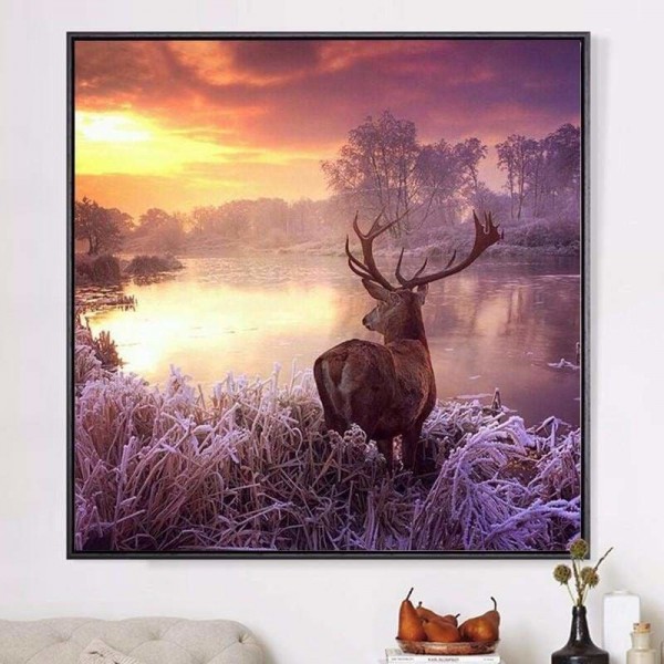 Volledige boor - 5D DIY Diamond Painting Kits Winterlandschap zonsondergang herten