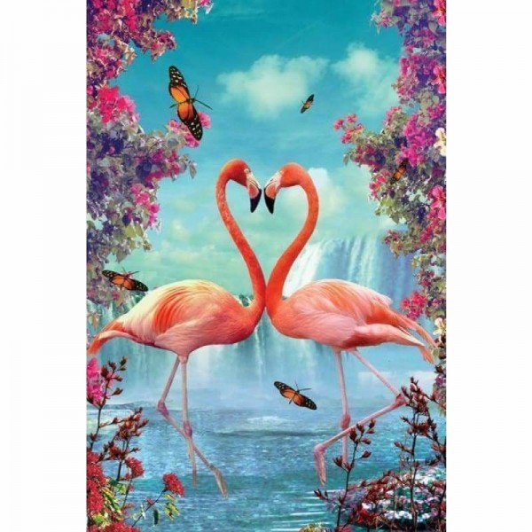Verliefde flamingo's bij een waterval