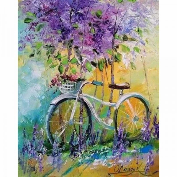 Schilderij van fiets onder een paarse boom