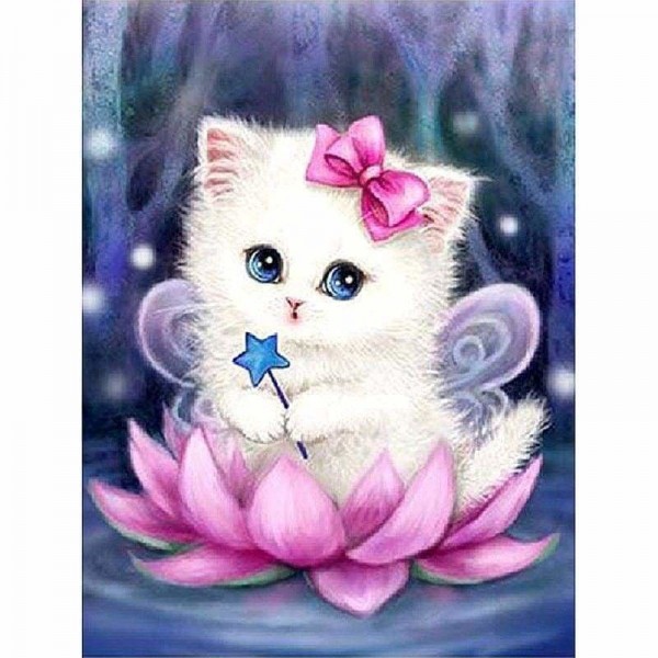 Volledige boor - 5D DIY Diamond Painting Kits Fantasy Dream Cute Cat Fairy en Lotus