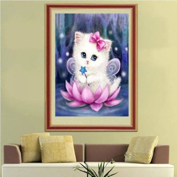 Volledige boor - 5D DIY Diamond Painting Kits Fantasy Dream Cute Cat Fairy en Lotus
