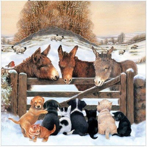 Volledige boor - 5D DIY Diamond Painting Kits Winter Donkey Puppys Cat