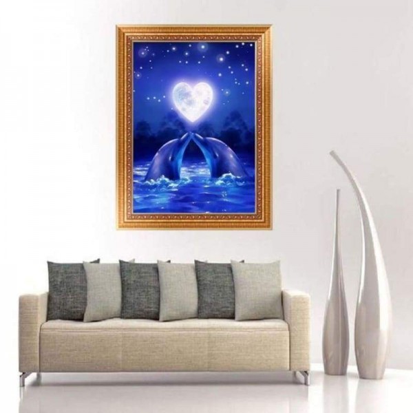 Volledige boor - 5D DIY Diamond Painting Kits Blue Starry Night Dolphin Kiss