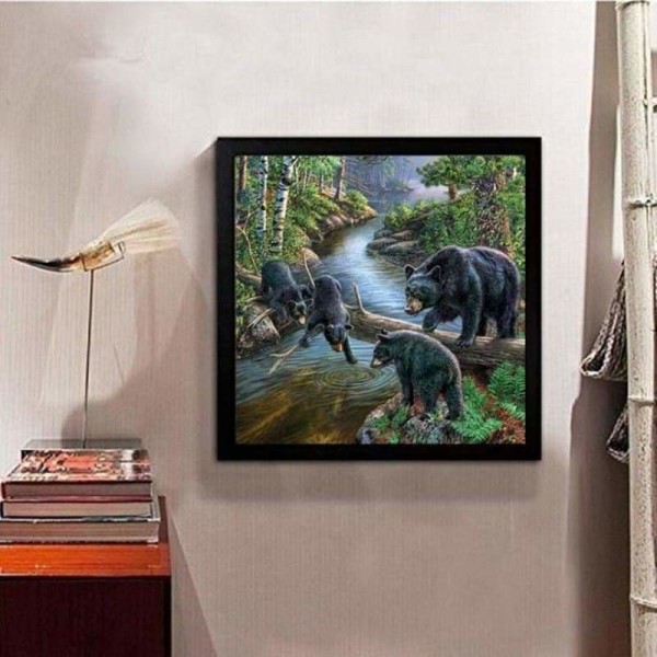Volledige boor - 5D DIY Diamond Painting Kits Familie Beer die water speelt in het bos