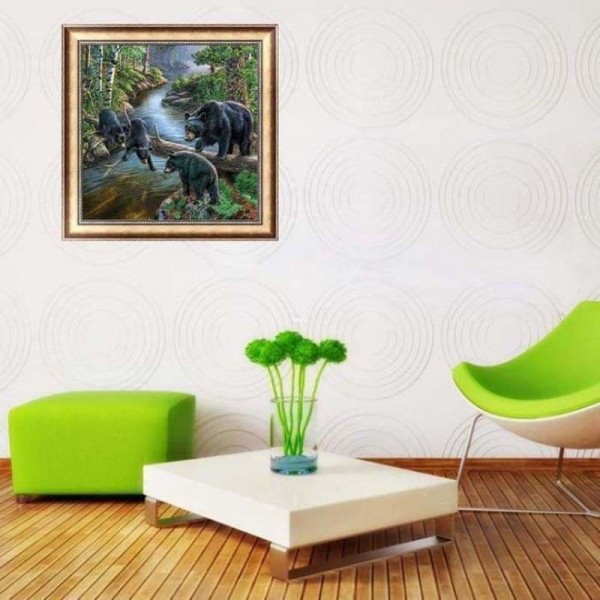 Volledige boor - 5D DIY Diamond Painting Kits Familie Beer die water speelt in het bos