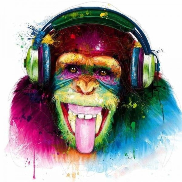 Kleurrijke aap met koptelefoon